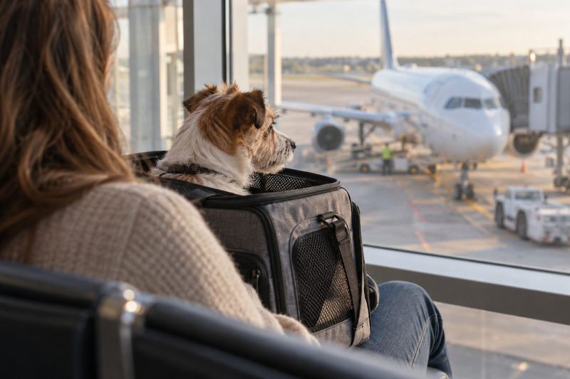 Small dog in a carrier on a traveler's lap looking out at a plane through an airport window