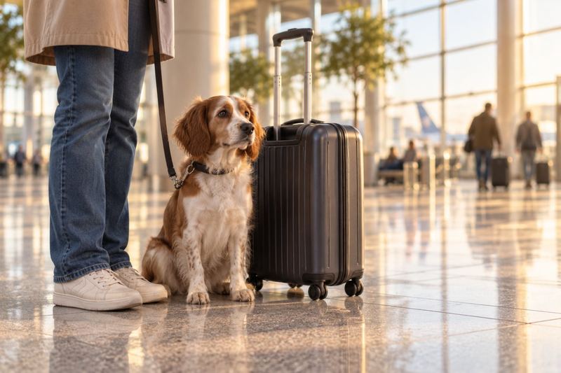 Dog on a leash waiting beside a suitcase in an airport arrivals hall