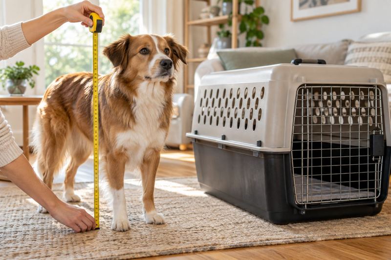 Person measuring a dog's height with a tape measure beside a plastic travel crate