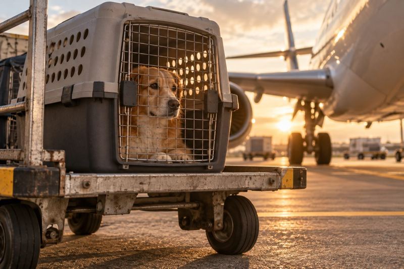 Dog inside a hard plastic travel kennel on an airport baggage cart beside a plane