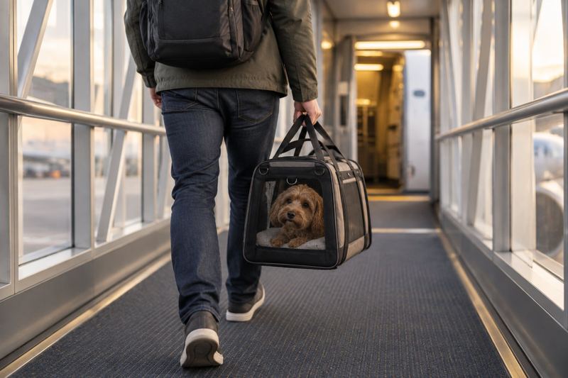 Traveler carrying a small dog in a soft carrier down a jet bridge toward the plane