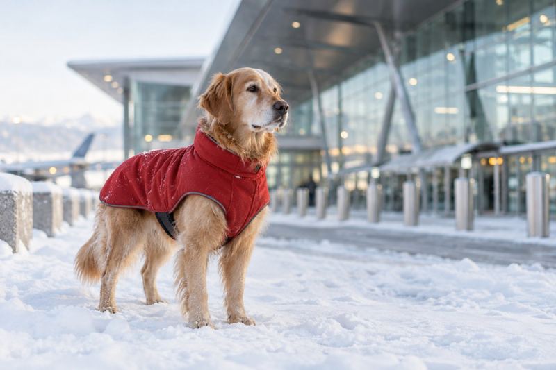 Golden retriever in a red winter coat standing in snow outside an airport terminal