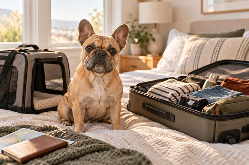 French bulldog sitting on a bed next to an open suitcase and a pet carrier
