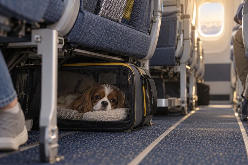 Small spaniel resting in a soft pet carrier under an airplane seat