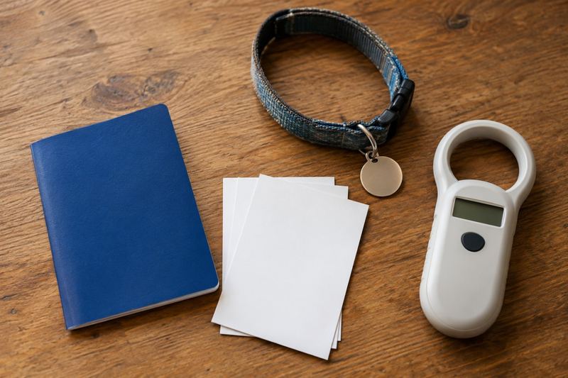 Plain blue document booklet, blank record cards, a dog collar and a microchip scanner on a desk