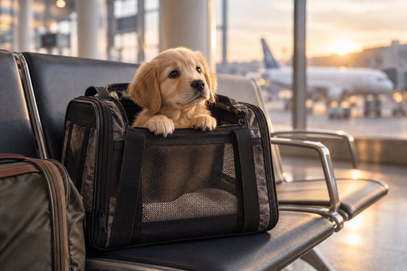 Golden puppy peeking out of a soft pet carrier on an airport bench